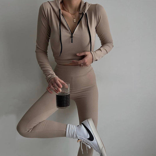 Damen geripptes Lounge-Set mit halbem Reißverschluss und hoher Taille Shop Nory
