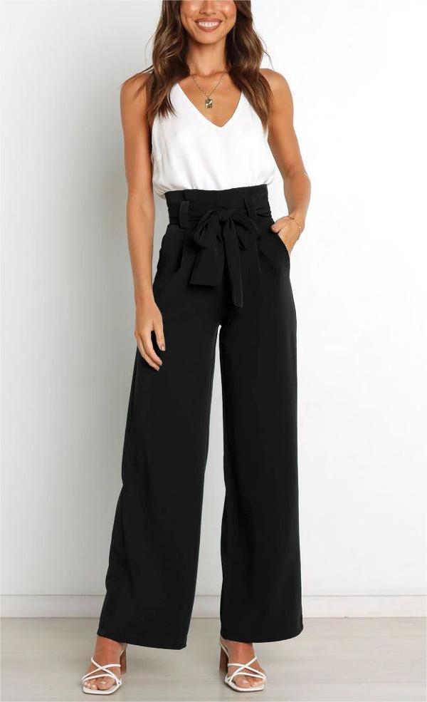 Damen Weit geschnittene High-Waist-Hose mit Binde-Gürtel und Taschen