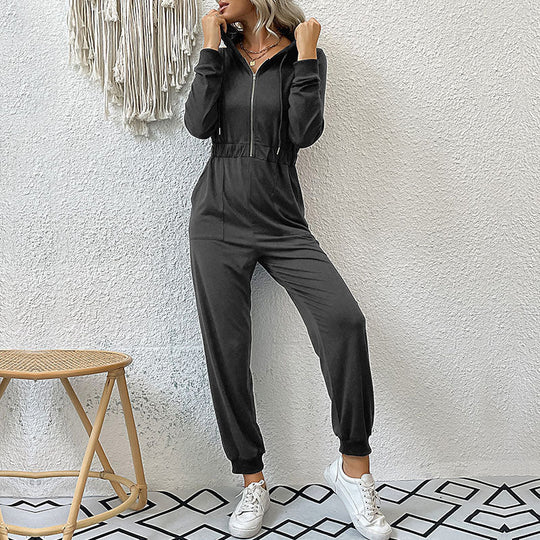 Damen Kapuzen-Jumpsuit mit Reißverschluss, elastischer Taillenpassform & Joggerbündchen Shop Nory