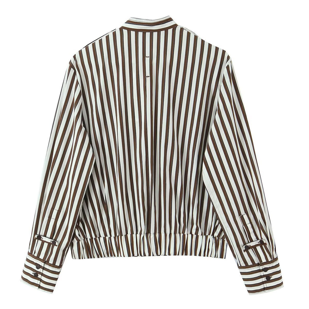Damen Gestreifte Blouson-Hemdbluse mit Stehkragen, Schulterklappen und elastischem Saum Shop Nory