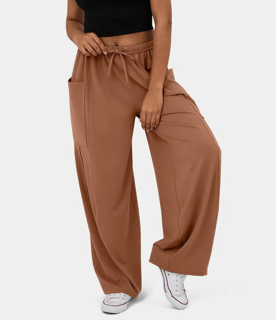 Damen Weite Relax‑Hose mit hohem Elastikbund, Tunnelzug und großen Cargo-Taschen Shop Nory