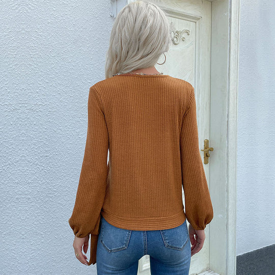 Damen Gerippte Wickel-Strickjacke mit V-Ausschnitt und seitlichem Knotendetail Shop Nory