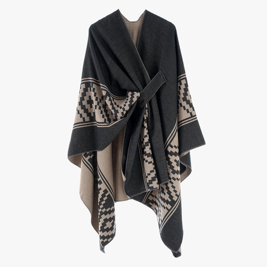 Damen Jacquard‑Ruana mit Bindegürtel und geometrischem Muster Shop Nory