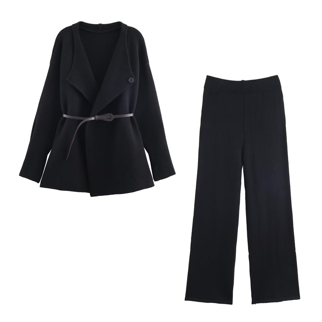 Damen Zweiteiliges Feinstrick-Set mit Schalkragen-Cardigan und High‑Waist Weitbein‑Hose Shop Nory
