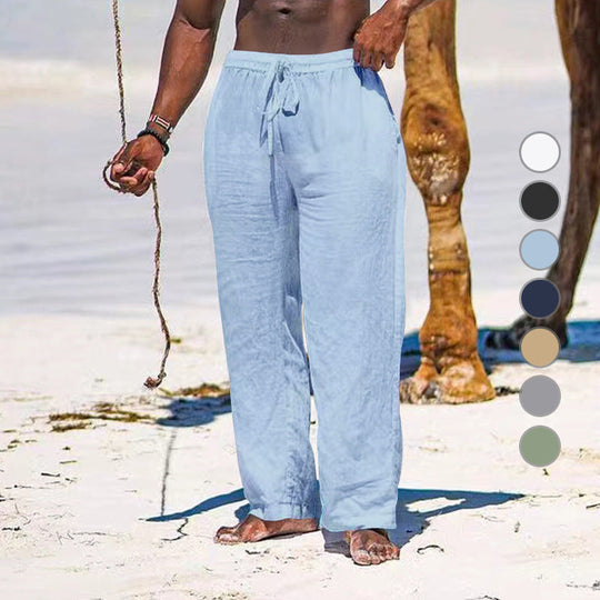 Herren lässige Strandhose aus leichtem Leinenstoff mit elastischem Bund und Kordelzug
