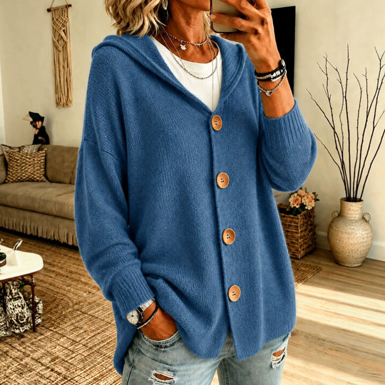 Damen Kapuzen-Cardigan Oversize mit Holzknöpfen und Rippbündchen Shop Nory