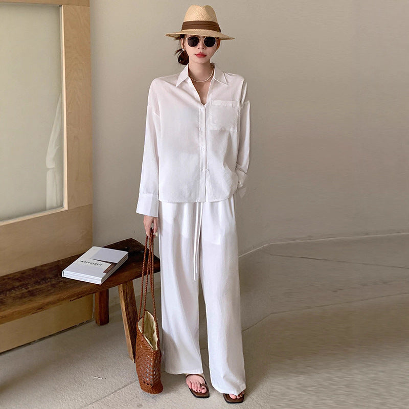 Damen Zweiteiliges Leichtes Loungewear-Set mit Oversize-Hemd und weiter Kordelbund-Hose Shop Nory