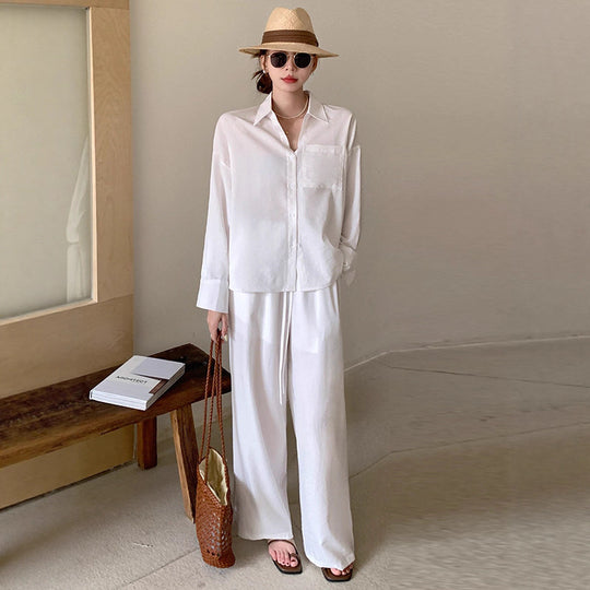 Damen Zweiteiliges Leichtes Loungewear-Set mit Oversize-Hemd und weiter Kordelbund-Hose Shop Nory