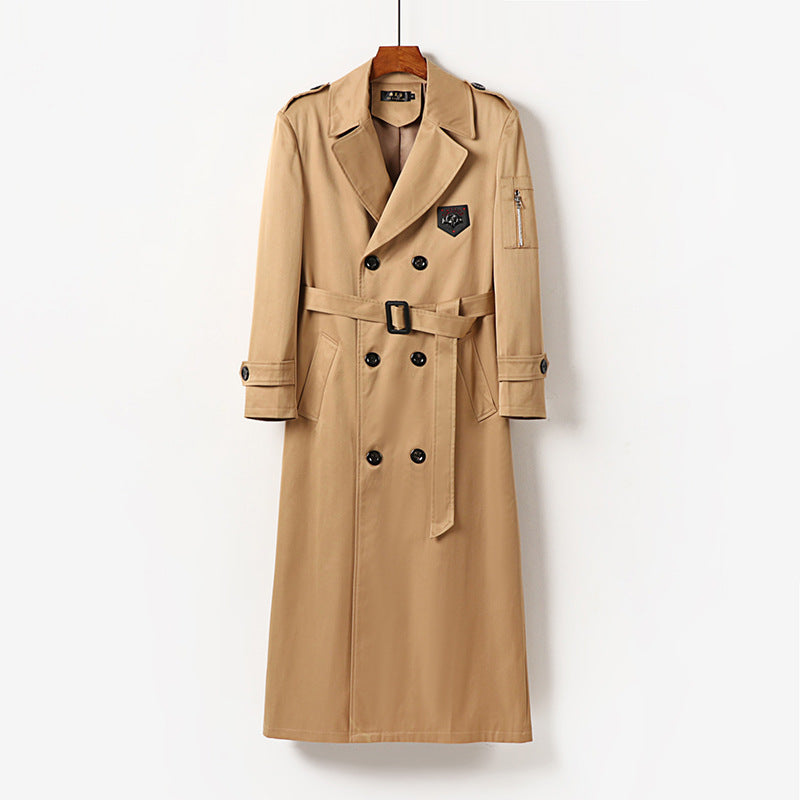 Herren Langer Doppelreihiger Trenchcoat mit Gürtel, Epauletten und Reißverschluss-Ärmeltasche Shop Nory