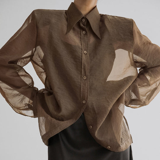 Damen Übergröße Hemdbluse mit asymmetrischem Design und transparenten Ärmeln