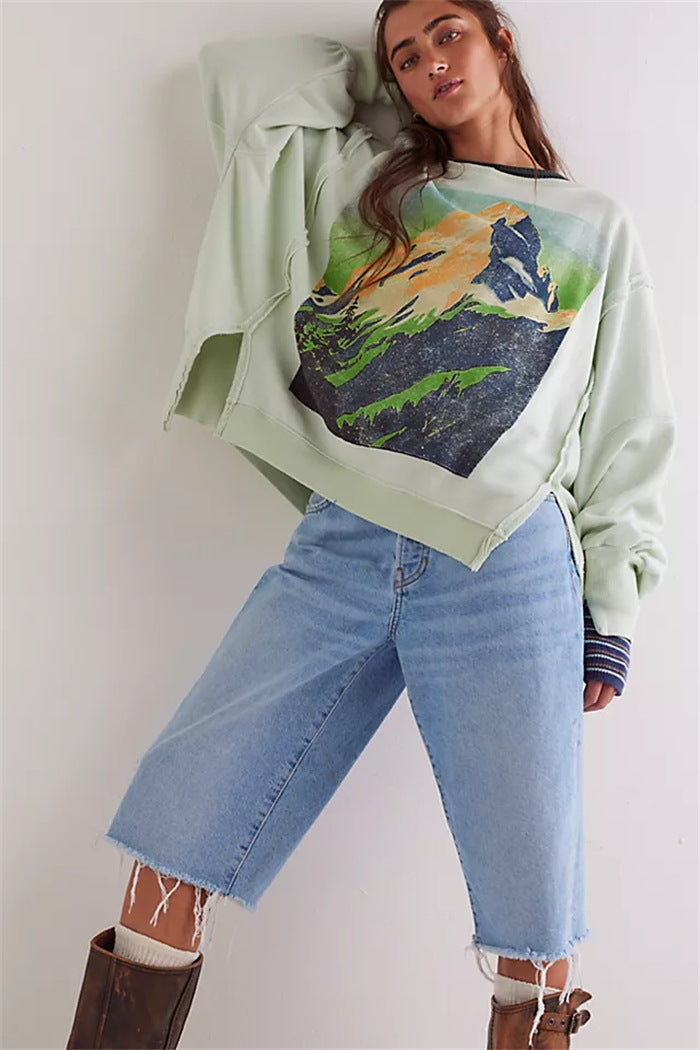 Damen oversized Sweatshirt mit Rüben-Print, ausgefransten Nahtakzenten und Daumenlochärmeln Shop Nory