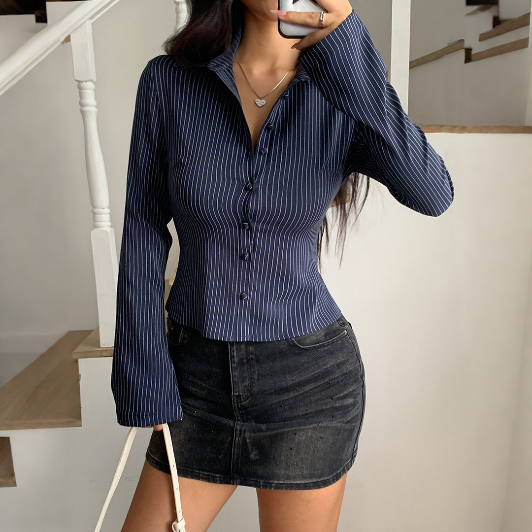 Damen nan taillierte Nadelstreifen-Bluse mit Hemdkragen und figurformender Knopfleiste Shop Nory
