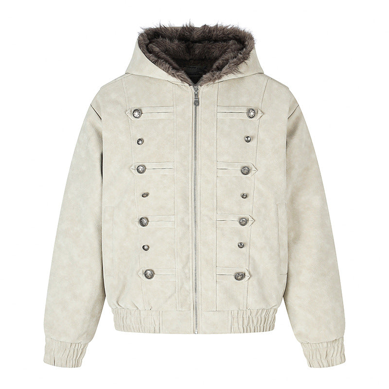 Damen Kapuzen-Bomberjacke aus Veloursimitat mit Kunstfell‑Futter und dekorativen Reliefknöpfen Shop Nory