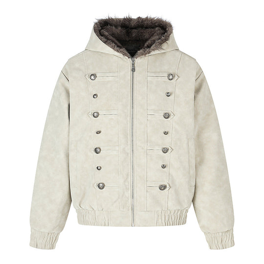 Damen Kapuzen-Bomberjacke aus Veloursimitat mit Kunstfell‑Futter und dekorativen Reliefknöpfen Shop Nory