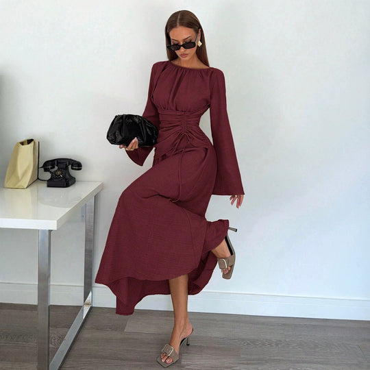 Damen Maxikleid mit geraffter Taillen-Schnürung, weiten Ärmeln und fließendem Rock Shop Nory