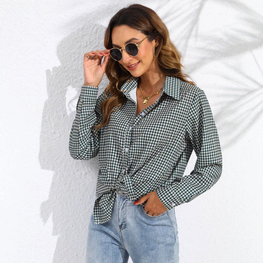 Damen nan geknotete Hahnentritt-Bluse mit Hemdkragen und durchgehender Knopfleiste Shop Nory