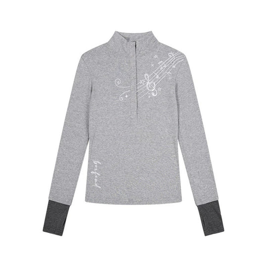 Damen Langarmshirt mit Henley-Knopfleiste, Kontrastbündchen und Notenprint Shop Nory