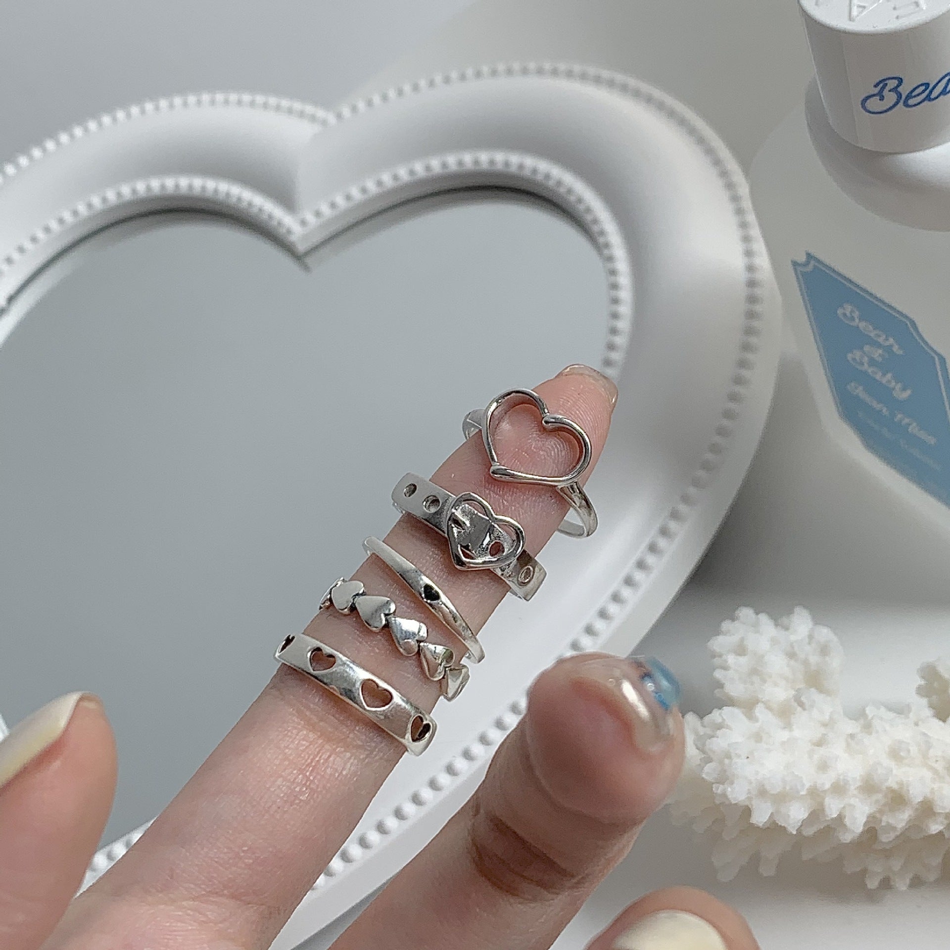 Damen Ring-Set mit kreativen Herz- und Strukturdesigns Shop Nory