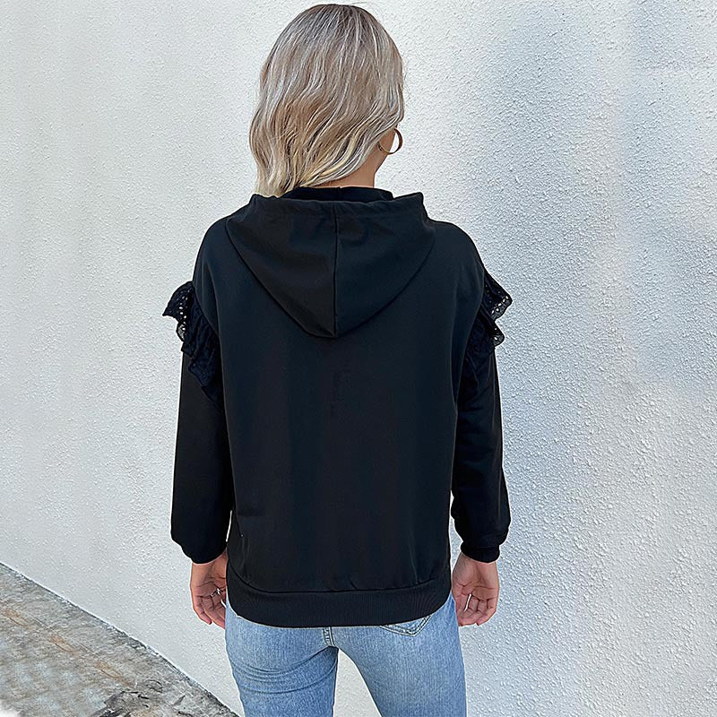 Damen Kapuzenpullover mit Spitzenvolant, Kängurutasche & Rippbündchen Shop Nory