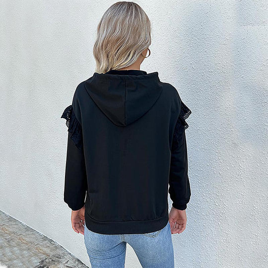 Damen Kapuzenpullover mit Spitzenvolant, Kängurutasche & Rippbündchen Shop Nory