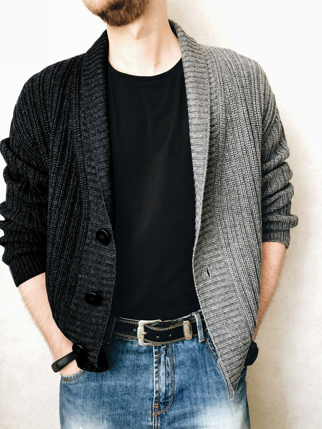 Herren Grobstrick-Cardigan mit Schalkragen, Rippstruktur und markanten Knöpfen Shop Nory
