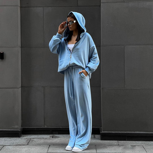 Damen kuscheliges Velours-Zweiteiler mit kurzem Reißverschluss-Hoodie, Tunnelzugbund und weitem Palazzo-Jogger Shop Nory