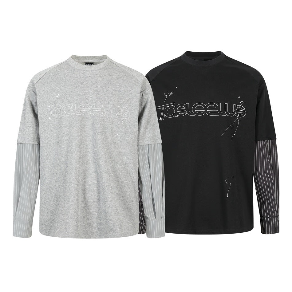 Unisex Lagen-Langarmshirt mit Halbarm-Overlay, gestreiften Einsatzärmeln und Ton-in-Ton-Logo Shop Nory