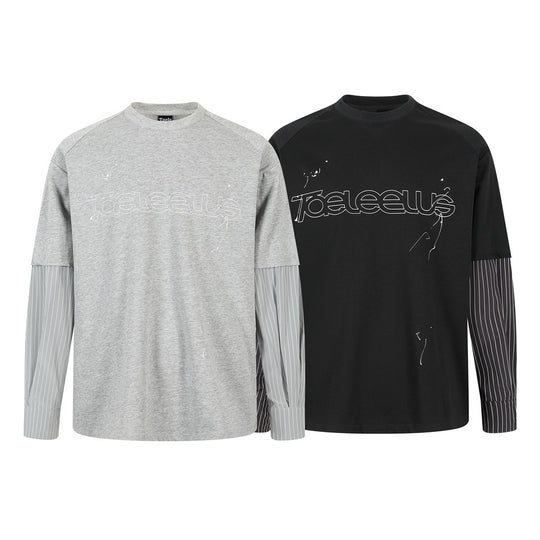 Unisex Lagen-Langarmshirt mit Halbarm-Overlay, gestreiften Einsatzärmeln und Ton-in-Ton-Logo Shop Nory