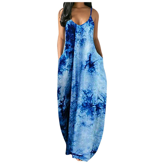 Damen Bohemian Batik-Maxikleid mit Taschen Shopnory