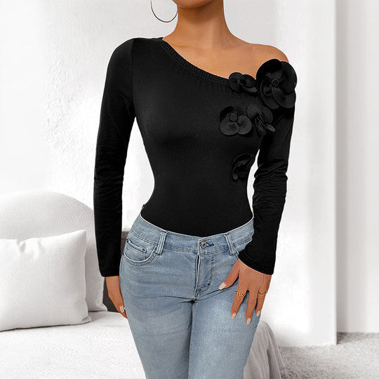 Damen figurbetonter Ein-Schulter-Body mit Langarm und 3D-Blüten Shop Nory