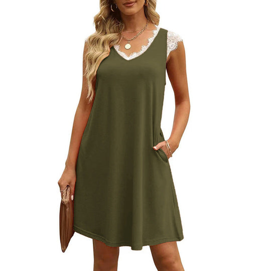 Damen ärmelloses Kleid mit Spitzendetail und seitlichen Taschen Shopnory