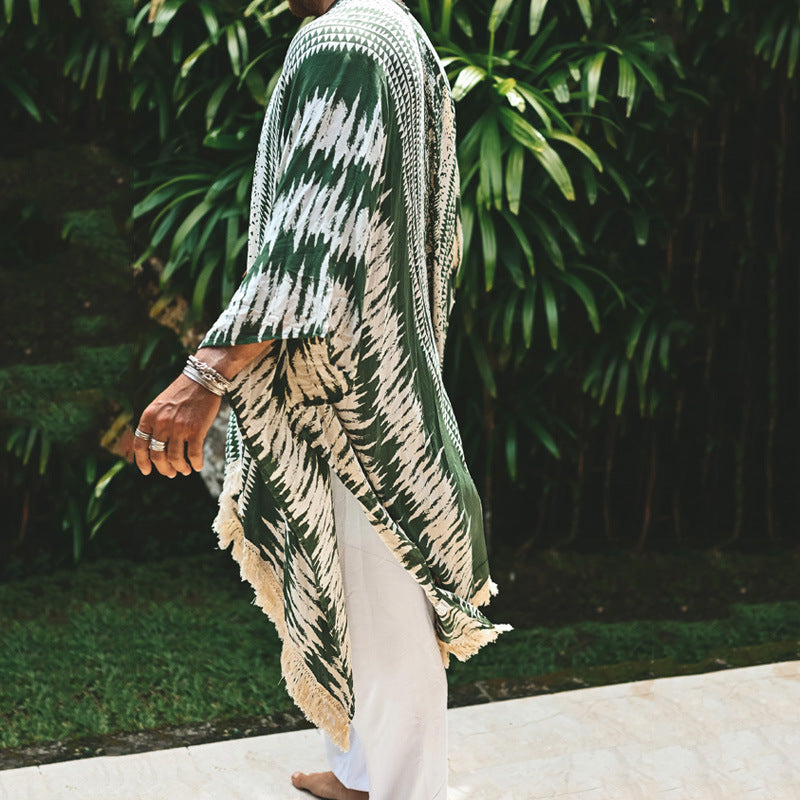 Herren nan leichter Strandponcho im Kimono-Stil mit Fransen
