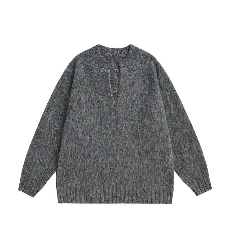 Unisex Oversize-Flauschpullover mit V-Schlitzkragen und Bouclé-Optik Shop Nory