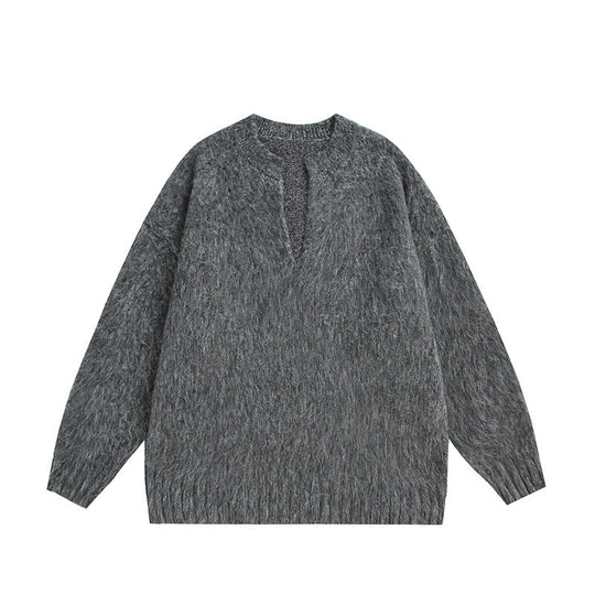 Unisex Oversize-Flauschpullover mit V-Schlitzkragen und Bouclé-Optik Shop Nory