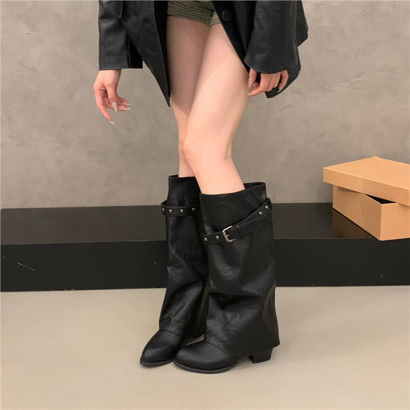 Damen Weiche Oversized Slouch-Overknee‑Stiefel mit verstellbarem Nieten‑Schnallenriemen Shop Nory