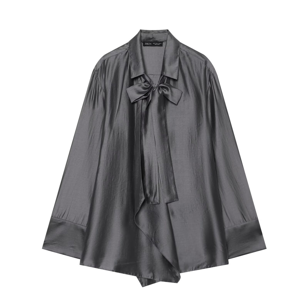 Damen Oversize-Seidenoptik-Bluse mit Schleifenkragen und asymmetrischem Saum Shop Nory