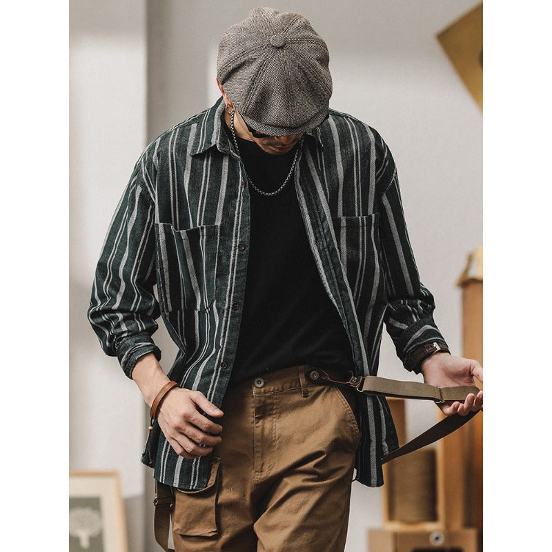 Herren Gestreiftes Overshirt-Hemd aus Baumwoll-Leinen mit Brusttaschen Shop Nory