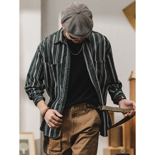 Herren Gestreiftes Overshirt-Hemd aus Baumwoll-Leinen mit Brusttaschen Shop Nory