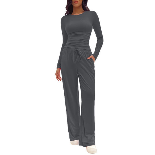 Damen Bequemes Lounge-Set mit langärmligem Oberteil und weit geschnittenen Hosen Shopnory