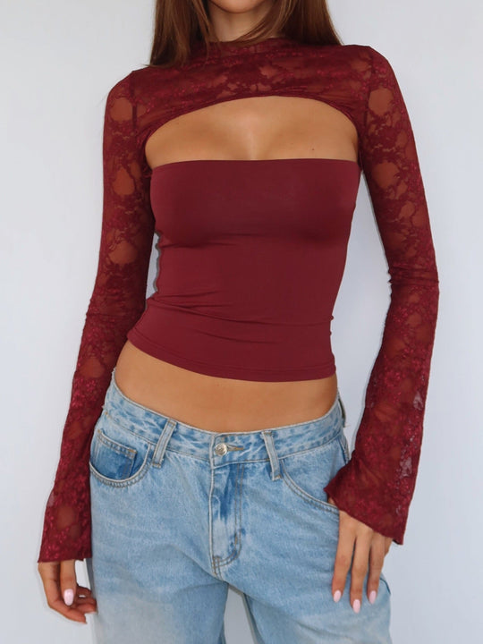 Damen Elegantes Oberteil mit transparenten Ärmeln und hochwertiger Spitze