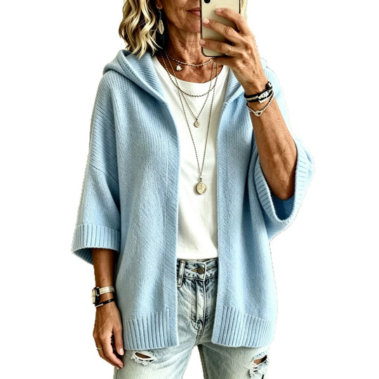 Damen Kapuzen-Longcardigan aus grobem Strick mit 3/4-Ärmeln und offener Front Shop Nory