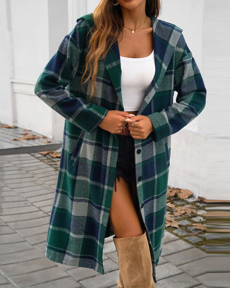 Damen Karomuster Longjacke mit Kapuze