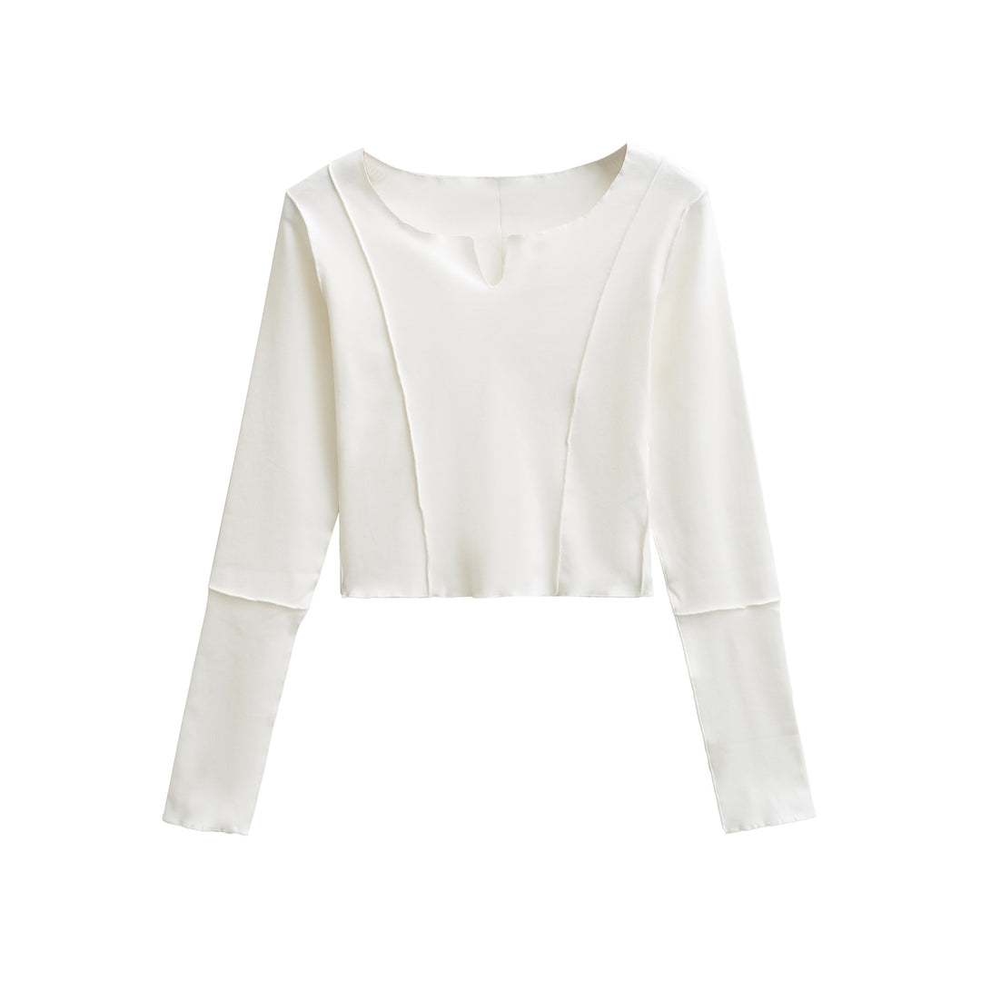 Damen Kurzes Langarmshirt mit sichtbaren Rollnähten und Notch-Ausschnitt Shop Nory