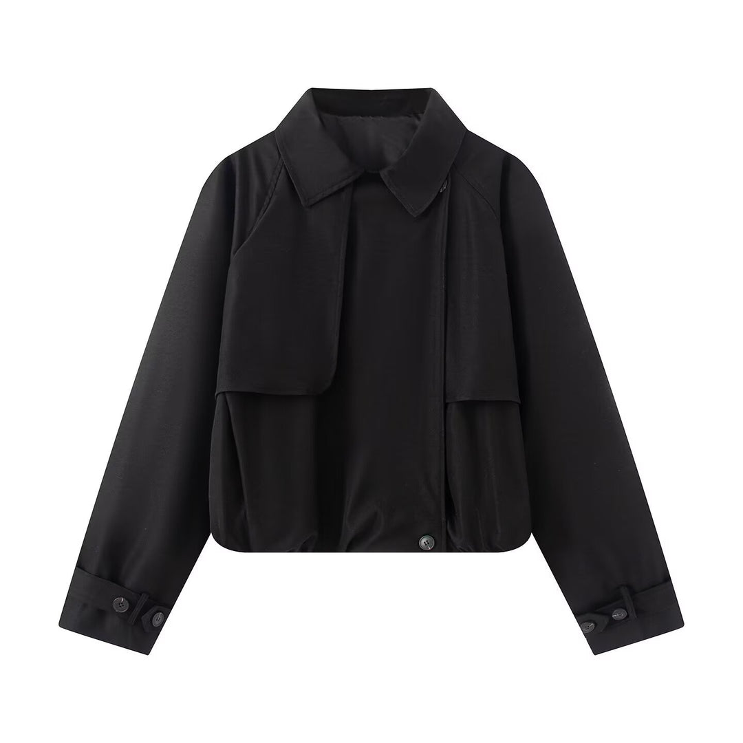 Damen Cropped Kurzjacke mit Cape-Front, Hemdkragen und verstellbaren Manschetten Shop Nory
