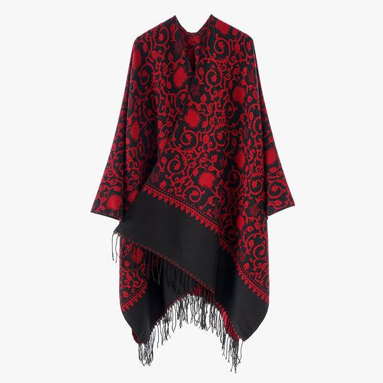 Damen Jacquard-Ruana mit ornamentalem Bordürenmuster und Fransensaum Shop Nory