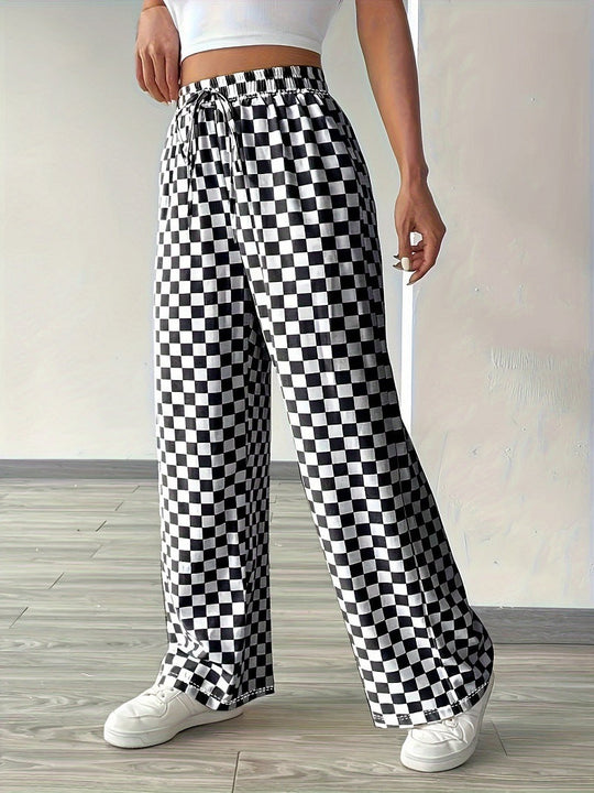 Damen Weite Freizeithose mit kariertem Muster und elastischem Bund