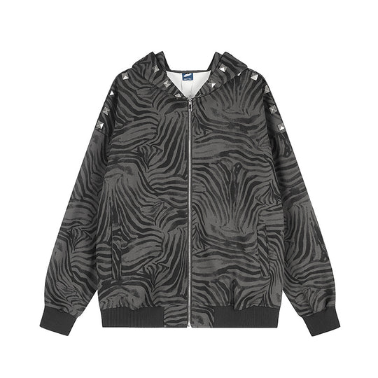 Damen Oversize-Zip-Hoodie mit Zebra-Alloverprint, Nietenbesatz und Rippbündchen Shop Nory