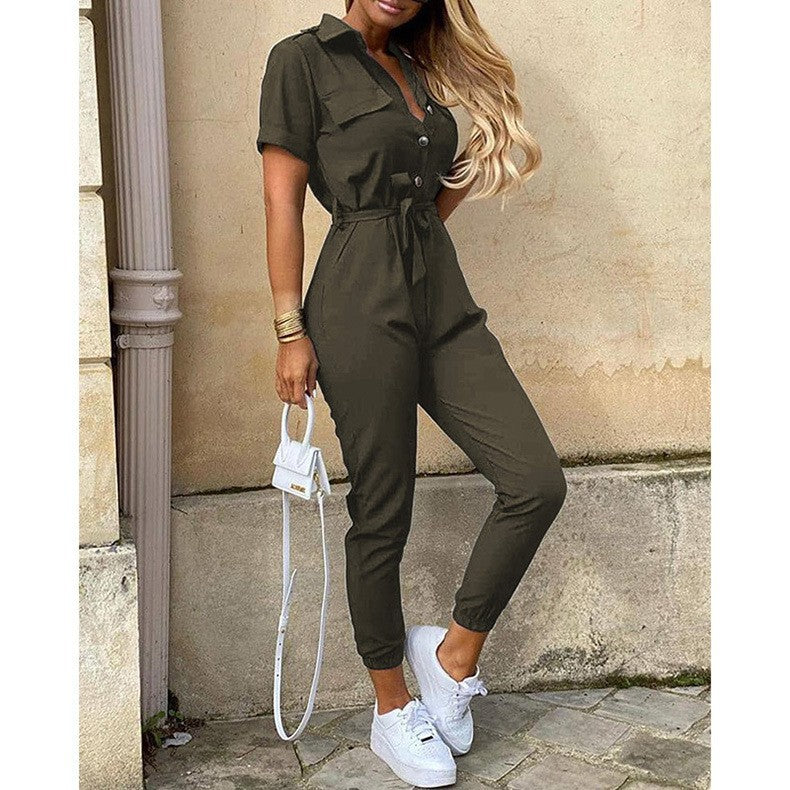 Damen Kurzarm-Utility-Overall mit Taillenbindegürtel und schmalem Joggerbein Shop Nory