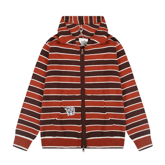 Damen Kapuzen‑Strickjacke mit durchgehendem Reißverschluss, gestreifter Struktur und Stickdetail Shop Nory