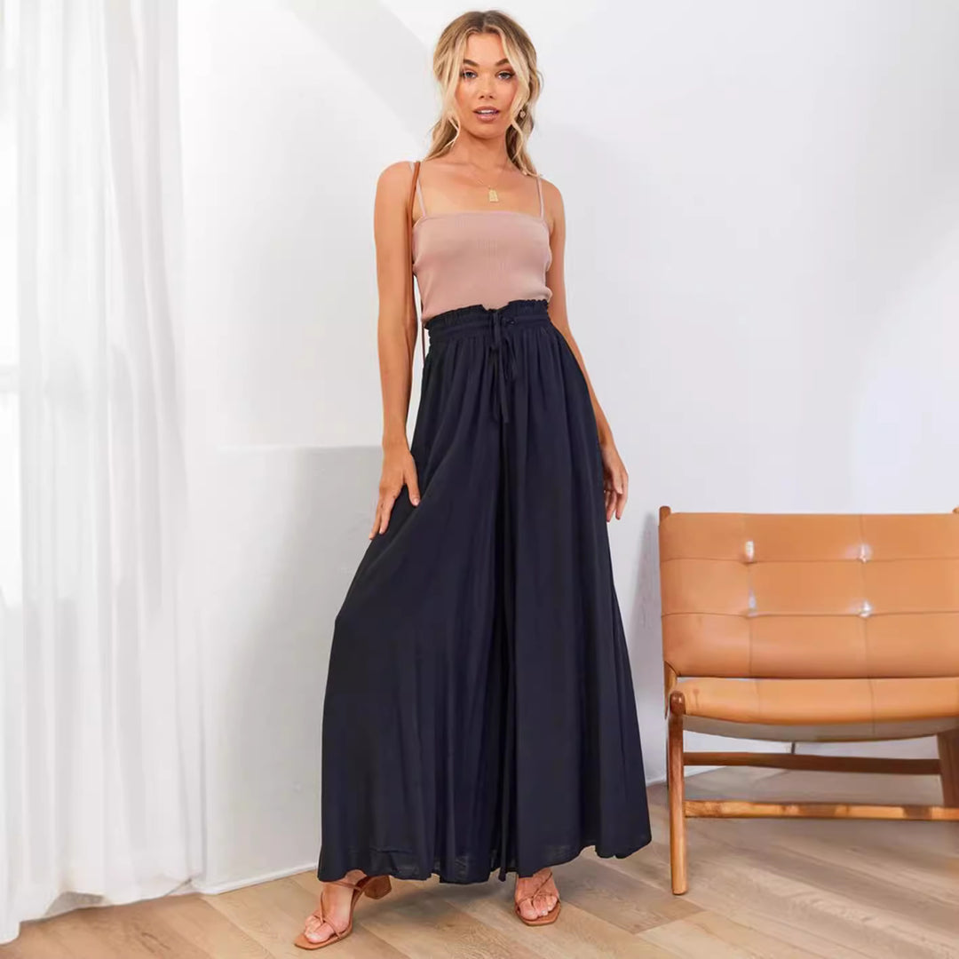 Frauen Hohe Taille Rüschen Elastischer Bund Weite Bein Strand Palazzo Hose mit Zugband und Seitentaschen Shop Nory